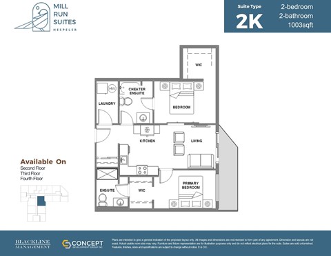 A floor plan for a 2K suite type with two bedrooms and two bathrooms.
